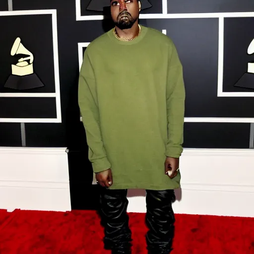 Image similar to kanye west at the grammys in an avocado costume, red carpet photo