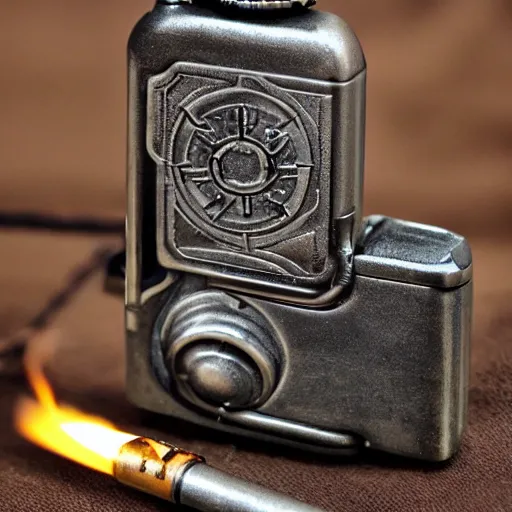 Prompt: a steampunk lighter, product photo, man lighting a cigarette, burnished bronze, flame