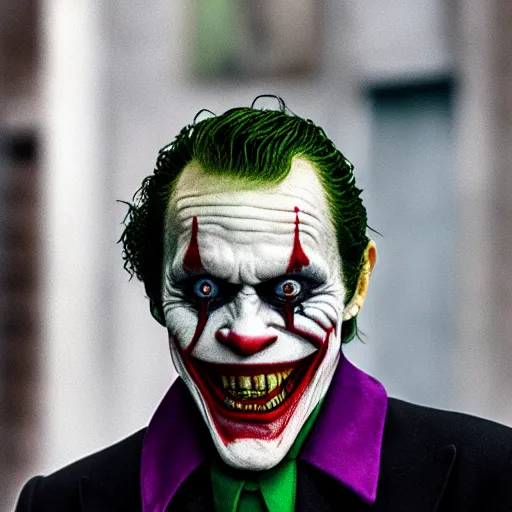 Prompt: Film still of Willem Dafoe as the Joker, from Joker (2019), Colour splash