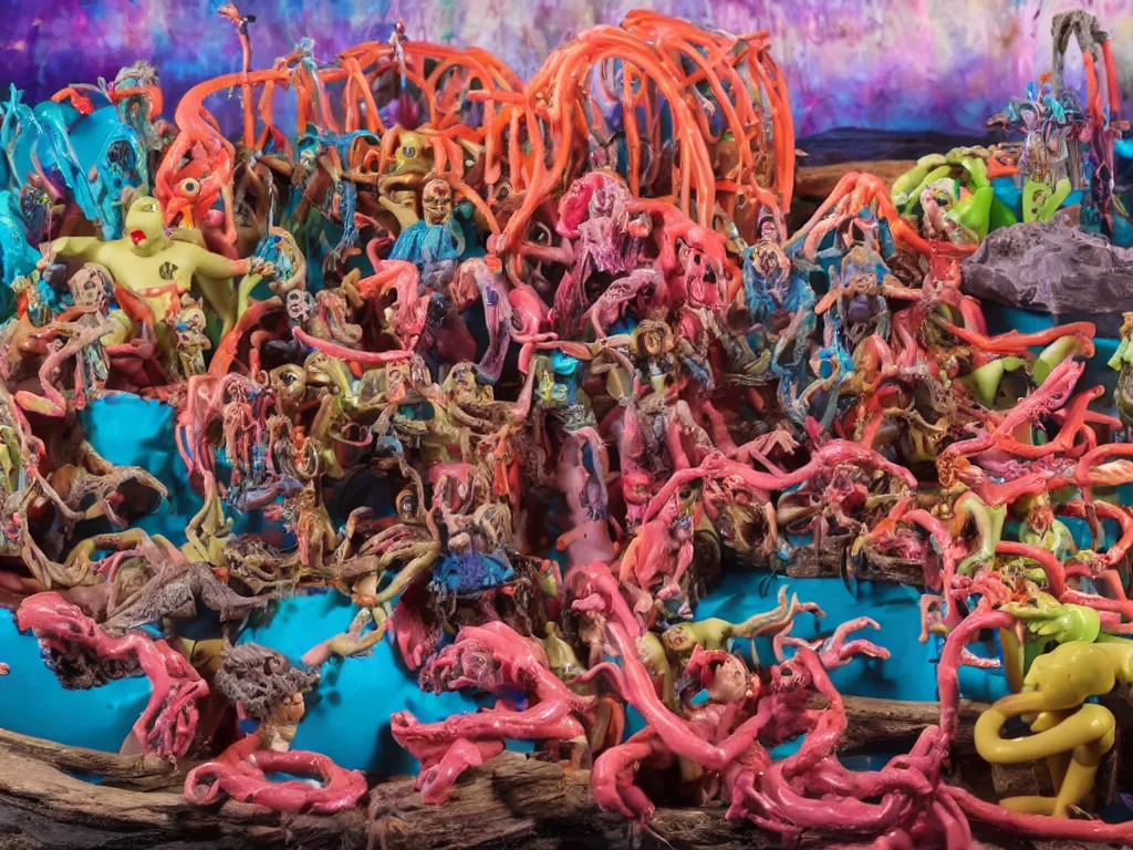 Image similar to diorama of the raft of the medusa as an animatronic schlock body horror comedy film, fun, animatronic figures, Sally Corporation, Garner Holt, play-doh, lurid, vivid colors, neon lights, rubber latex, realistic materials, fleshy, Cronenberg, Rick Baker, daylight, photo real, wet, slimy, wide angle, rule of thirds, 28mm, 1984, Eastman EXR 50D 5245/7245