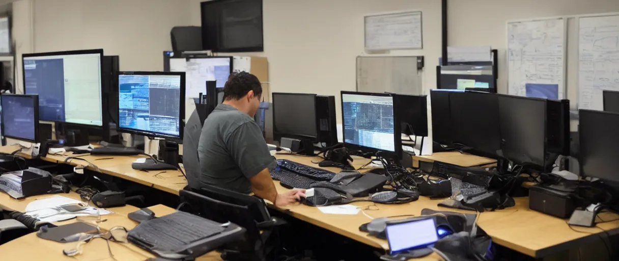 Prompt: a man at a desk with ten different computer monitors, his face flat on the keyboard, sound asleep