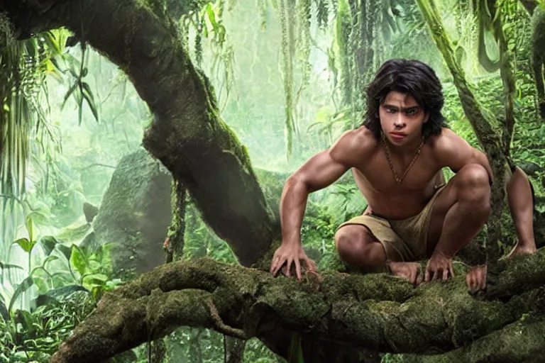 Prompt: jake t. austin plays mowgli in the live action adaptation of the jungle book, red weapon 8 k s 3 5, cooke anamorphic / i lenses, highly detailed, cinematic lighting