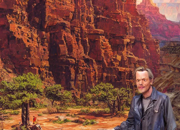 Image similar to realistic physically based rendering of a giant mechanical robot steve buscemi at the grand canyon by jack kirby!!! and simon bisley, epic, awesome trendy color palette, cinematic, claymation, by wes anderson and joop geesink, diorama