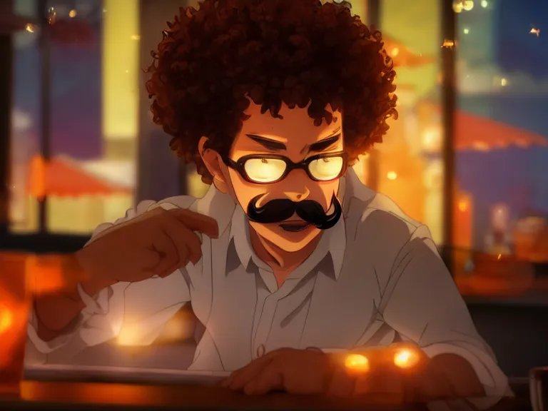 Image similar to close - up anime still of ( ( charming!!!!! latino middle - aged anime protagonist with curly afro and moustache!!! tilting his head charmingly ) late night in an anime bar, cozy lights, detailed orange atmosphere. cinematic rim lighting, global illumination, trending on artstation, hypdertailed, perfect shading, dreamy, masterpiece