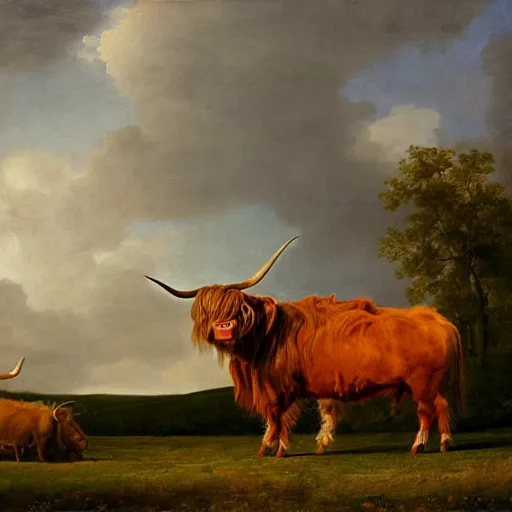 Image similar to oil painting by george stubbs of a highland cow and a man wearing 1 7 th century clothing, standing in a farm field.