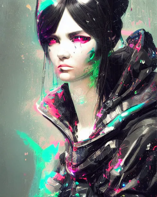 Prompt: detailed portrait Neon Operator Girl cyberpunk futuristic neon Reflective puffy coat, decorated with traditional japanese ornaments by ismail inceoglu dragan bibin hans thoma greg rutkowski Alexandros Pyromallis Nekro Rene Margitte illustrated Perfect face, fine details, realistic shaded, fine-face, pretty face