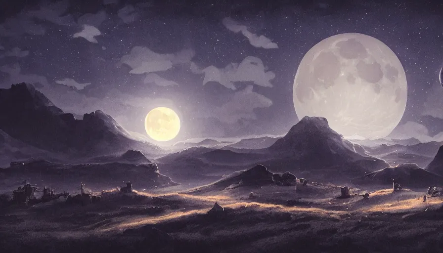 Image similar to a beautiful landscape at night, big moon on the right, stars in the sky, matte painting, dark blue tones, high contrast, intricate details, concept art, 4 k