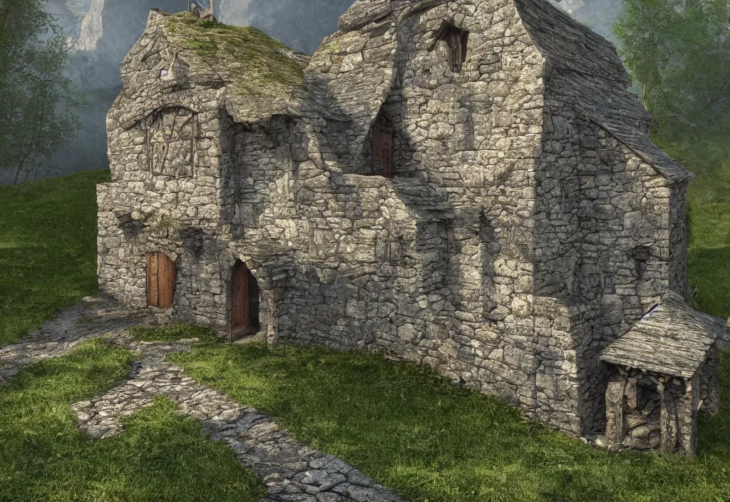 Image similar to a medieval stone house in a mountain near a river, extremely highly detailed, high quality, 8k HDR, trending on Artstation, concept art, cinematic lighting, DeviantArt