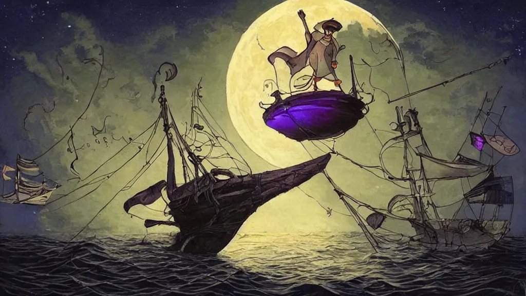 Prompt: a large!! surfacing!!! anglerfish!!!!! meets a lantern!! - holding!!!!! sailor!! on a ( sloop ), ( background with large full moon and purple sky ), in the styles of tom coletti, jorge jacinto, and thomas veyrat intricate, accurate details