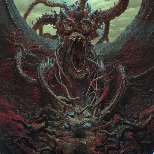 Prompt: A very detailed aesthetic horror painting titled 'Demogorgon' description 'A monster made out of nightmares' by Takashi Murakami and Wayne Barlowe, Trending on cgsociety artstation, establishing shot, 8k, masterpiece, highly detailed.