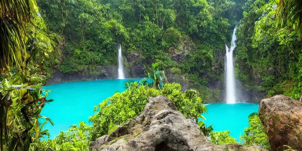 Image similar to of a tropical island with a majestic waterfall flowing into a clear pool of water, raining, fish swimming