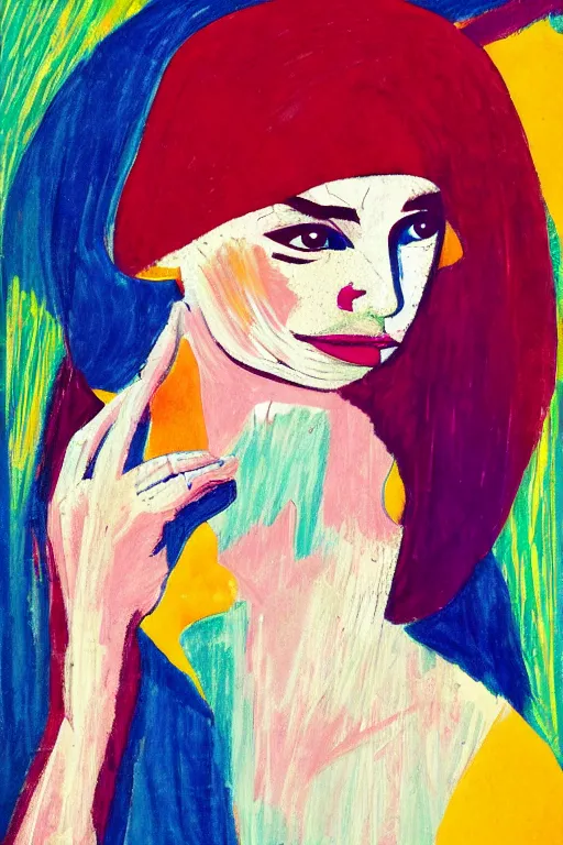 Prompt: girl portrait, abstract, rich details, modernist composition, coarse texture, concept art, visible strokes, colorful, Kirchner, Gaughan, Caulfield, Aoshima, Earle