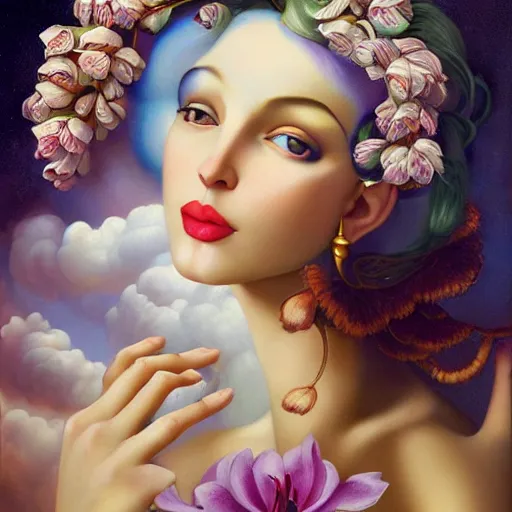 Image similar to dynamic composition, facing forward, blonde woman with hair of spring flowers wearing ornate earrings, ornate gilded details, pastel colors, a surrealist painting by tom bagshaw and jacek yerga and tamara de lempicka and jesse king, wiccan, pre - raphaelite, featured on cgsociety, pop surrealism, surrealist, dramatic lighting