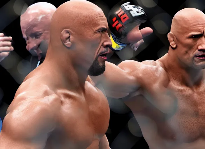 Image similar to dwayne the rock johnson fighting in the ufc, 4 k, photorealistic