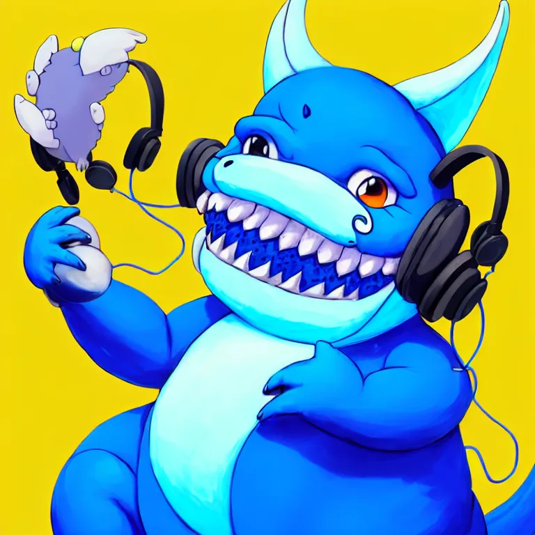 Image similar to a chubby anthropomorphic male blue dragon fursona chewing blue bubble gum, headphones on his head, cute, furry, beautiful, soft colors, oil on canvas, soft lighting