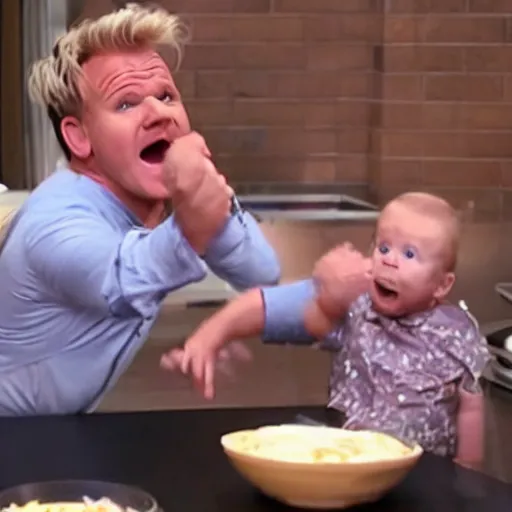 Prompt: photo of gordon ramsay screaming at baby