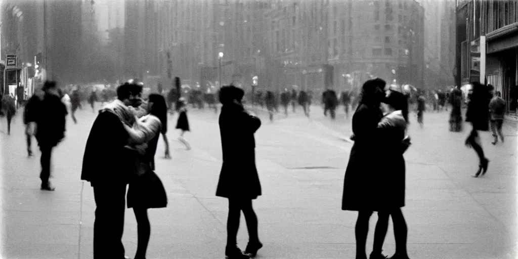 Image similar to street photo, blurred man and woman kissing, protests on the background, film photography, exposed b & w photography, christopher morris photography, bruce davidson photography, peter marlow photography