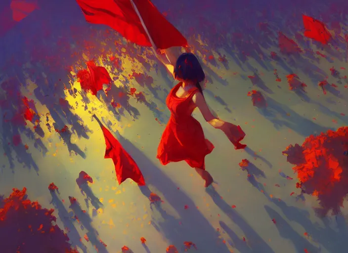 Image similar to gorgeous bright girl waving a red flag over her head running through Mandelbrot fractal crowd by Craig Mullins, ilya kuvshinov, krenz cushart, artgerm trending on artstation by Edward Hopper and Dan Mumford and WLOP and Rutkovsky, Unreal Engine 5, Lumen, Nanite