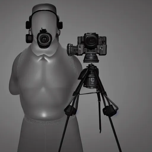 Image similar to a man with a camera attached to his head, a computer rendering by pascal blanche, featured on zbrush central, les automatistes, 8 k 3 d, dslr camera, rendered in cinema 4 d