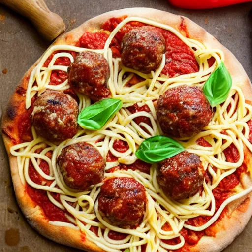 Image similar to a delicious meatball pizza with crust made of semolina spaghetti.