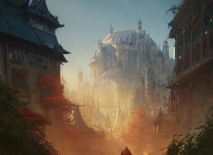 Image similar to highly detailed leipzig, undead land, stephen bliss, unreal engine, wuxia art by greg rutkowski, loish, rhads, ferdinand knab, makoto shinkai and lois van baarle, ilya kuvshinov, rossdraws, tom bagshaw, alphonse mucha, global illumination, radiant light, detailed and intricate environment