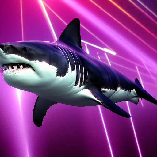 Image similar to a great white shark shooting purple lasers out of its eyes, realistic. 4 k. highly detailed