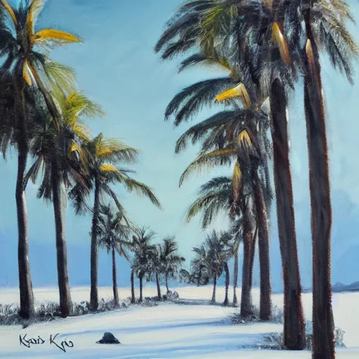 Image similar to winter landscape with large coconut trees, painting oil on board by olaf krans