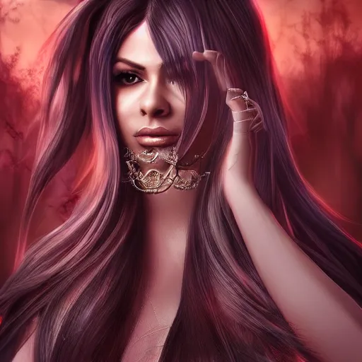 Image similar to portait princess haifa wehbe, centred, very long hair, hd, unreal engine, art digital painting, final fantasy style, amazing background theme