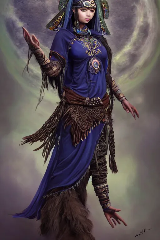 Prompt: Beautiful Young Female Shaman, shamanistic dark blue clothes, ornamental, covered!, metal garments, dark brown skin, green supernatural eyes, looking across the shoulder, full body, cute!, extremely detailed!, high fantasy, matte painting, warcraft, by Rossdraws, James Jean, gerald brom, Andrey Ryabovichev, Mark Simonetti and Peter Morbacher, trending in artstation, artstationHD, artstationHQ, cgsociety, octane, 16K HD