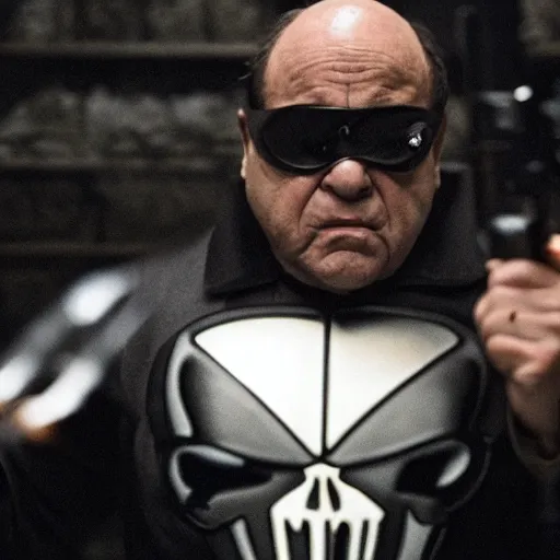 Prompt: Danny Devito as The Punisher 4K, epic, cinematic, focus, movie still, fantasy, serious, extreme detail, atmospheric, dark colour, sharp focus