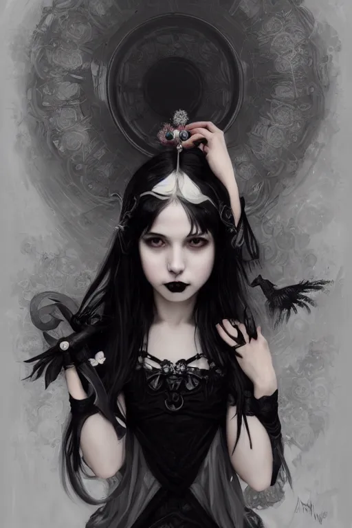 Prompt: portrait of radical lolita girl, dreamy and ethereal and dark, black eyes, silver short hair, smiling expression, ornate goth dress, dark fantasy, chaotic, elegant, black crows flying, highly detailed, digital painting, artstation, concept art, smooth, sharp focus, illustration, art by artgerm and greg rutkowski and alphonse mucha