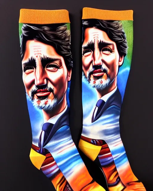 Image similar to detailed portrait of justin trudeau patterned socks!!! by tomasz alen kopera and peter mohrbacher and johanna martine! and margaret keane! coherent luminescent