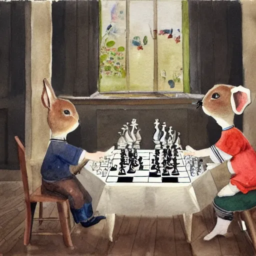 Image similar to two rabbits playing chess inside a ballroom, watercolour realism