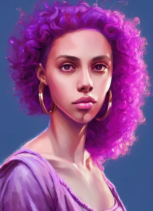 Image similar to portrait of teenage vanessa morgan with bright pink hair, curly pixie cut hair, wearing a purple breton cap, breton cap, hoop earrings, intricate, elegant, glowing lights, highly detailed, digital painting, artstation, concept art, smooth, sharp focus, illustration, art by wlop, mars ravelo and greg rutkowski