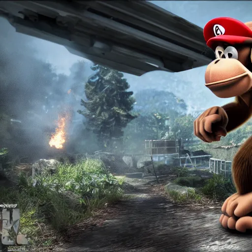 Image similar to Donkey Kong in Call of Duty, highly detailed, high quality, HD, 4k, 8k, Canon 300mm, professional photographer, 40mp, lifelike, top-rated, award winning, realistic, sharp, no blur, edited, corrected, trending