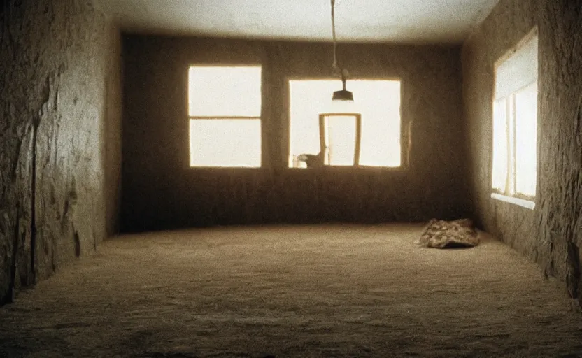 Prompt: photo of the interior of a house built on nothing and something for the nothing underneath, scene from being john malcovich film directed by charlie kaufman ( 2 0 0 1 ), moody cinematography and lighting, 2 4 mm anamorphic lens