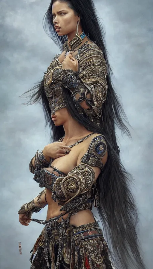 Image similar to girl adriana lima, mongolian shaman clothing, ritual, fame of thrones, fibonacci, sweat drops, intricate fashion clothing, insane, intricate, highly detailed, surrealistic, digital painting, artstation, concept art, smooth, sharp focus, illustration, unreal engine 5, 8 k, art by artgerm and greg rutkowski and alphonse mucha