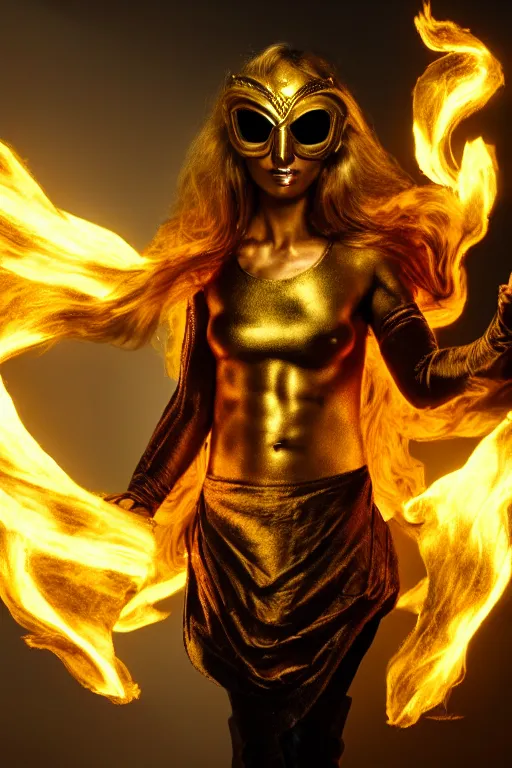 Image similar to a woman wearing golden mask, hair like fire, muscular, in dark soul