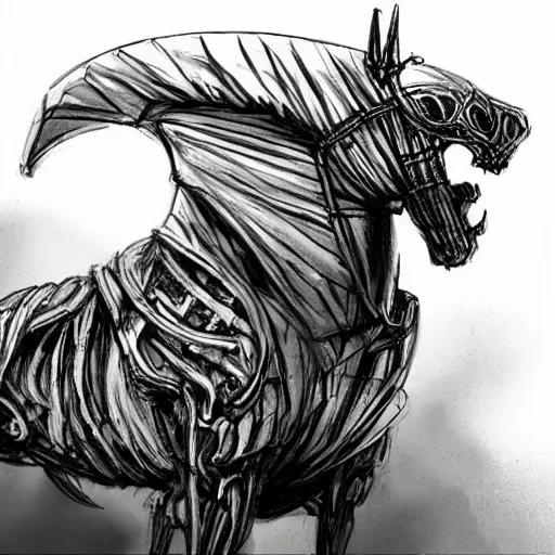 Prompt: very detailed concept art of a skeleton horse with a hooded capped figure riding the skeleton horse