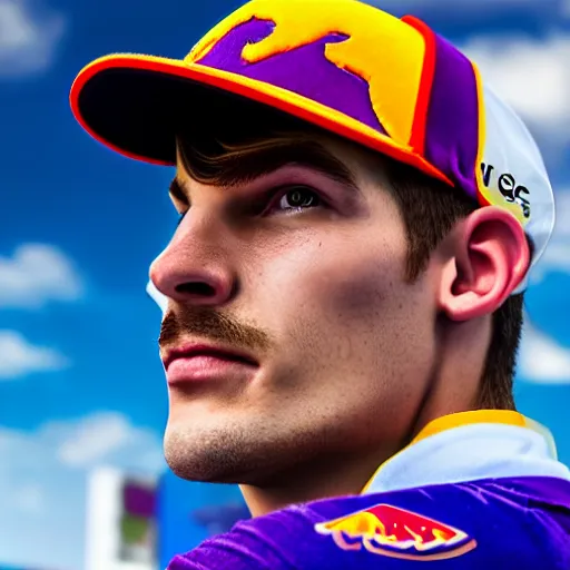 Prompt: Portrait of Max Verstappen as Waluigi, red bull, nintendo, high detail, 4k