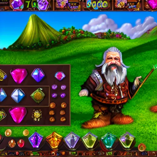 Prompt: A dwarf playing bejeweled on Windows XP