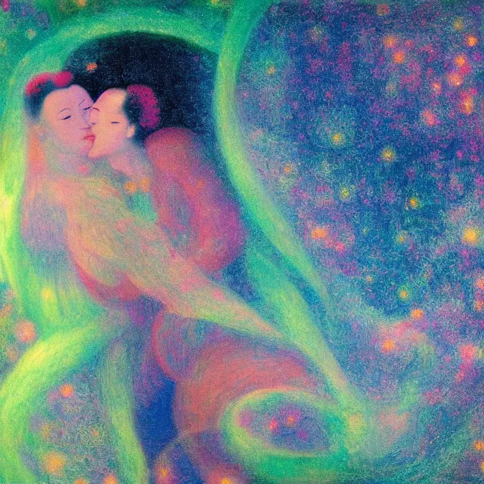 Prompt: close portrait of woman and man kissing. aurora borealis. iridescent, vivid psychedelic colors. painting by bosch, agnes pelton, utamaro, monet