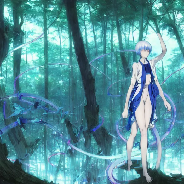 Prompt: rei ayanami, male anime character, in the woods, fractal, liminal space, Japan Lush Forest, technological rings, water dripping leaves blue rings faint turquoise glowing aura Leviathan awakening from Japan in a Radially Symmetric Alien Megastructure turbulent bismuth glitchart Luminism Romanticism by John William Waterhouse . Atmospheric Cinematic Environmental & Architectural Design Concept Art by Tom Bagshaw Jana Schirmer Jared Exposure to Cyannic Energy, Darksouls Concept art by Finnian Macmanus, Rei Ayanami, fractal recusion mandelbulb fractal wisdom acrylic pouring , by beeple, apophysis, aesthetic gradient, hyperdetailed landscape, sugar microscopic image, loop hole from Japan in a lush flora of water dripping leaves and echoing blue rings of sound emanating from the center of the screen with a faint turquoise glowing aura fractal pearlescent iridescent surrealist turbulent bismuth glitchart Luminism Romanticism by John William Waterhouse Beksinski Finnian MacManus Ruan Jia, cute anime girl with blue hair and red eyes, vtuber, lain iwakura, Hi-Fructose, Artstation, HD, HDR, High Resolution, 1024x1024