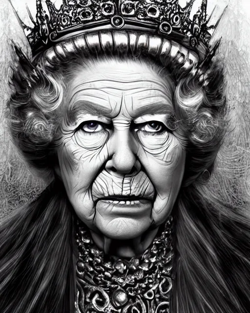 Image similar to Queen Elisabeth II as a hag witch, highly detailed face, realistic face, beautiful detailed eyes, fantasy art, illustration, epic, fantasy, intricate, hyper detailed, artstation, concept art, smooth, sharp focus, by jerad s marantz