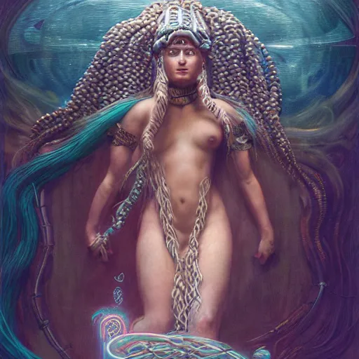 Image similar to birth of mami wata, sumerian goddess inanna ishtar, ashteroth, techno mystic goddess princess intergalactica, with aqua neon rapunzel dreadlocks, mami wata, detailed, by gaston bussiere, bayard wu, greg rutkowski, giger, maxim verehin, greg rutkowski, masterpiece, sharp focus,