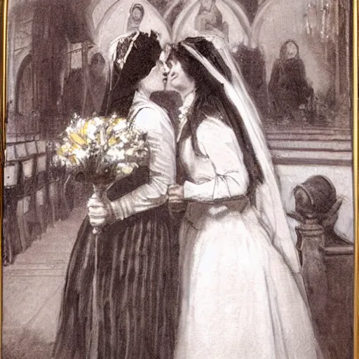 Image similar to two young edwardian women getting married to each other in a russian church, in the style of anders zorn