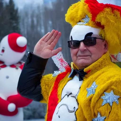 Prompt: a high quality photography of guy a lepage saluting the bonhomme carnaval