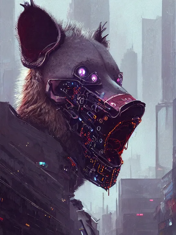 Image similar to new york city portrait of furry anthro anthropomorphic spotted hyena head animal person fursona wearing clothes strange cybernetic muzzle gloomy rainy screenshot from the video game cyberpunk 2077 digital art by Greg Rutkowski, Simon Stalenhag, christopher nolan trending on Artstation, CGSociety