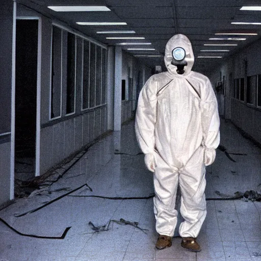 Image similar to news reporter in a hazmat suit 1 9 9 0 s news found footage of an abandoned soviet downtown with a humanoid scp hidden in background, liminal space, backrooms, scp, film grain, rundown, eerie, dark lighting, 3 5 mm, realistic, photograph, hazmat suits, foggy, silent hill style, detailed, hyperrealistic