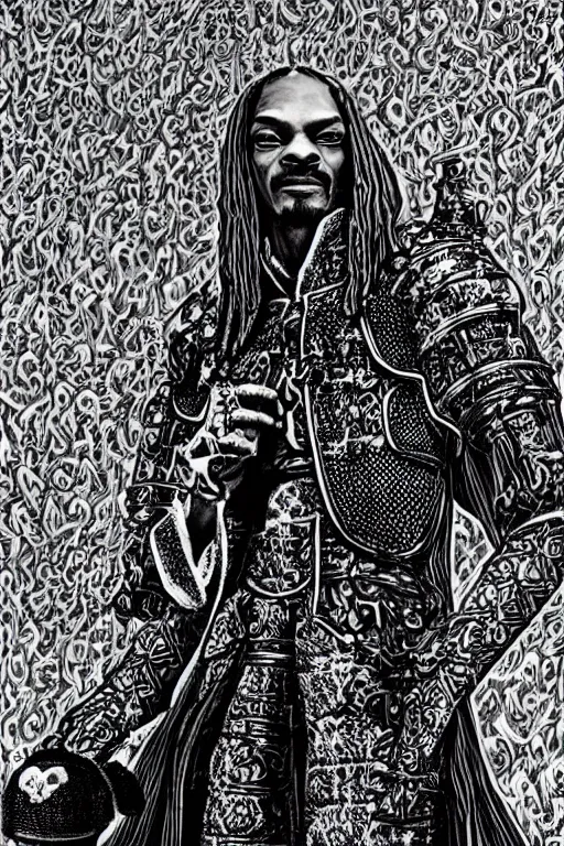 Image similar to Snoop Dogg as a knight, highly detailed, black and white, manga, art by Kentaro Miura